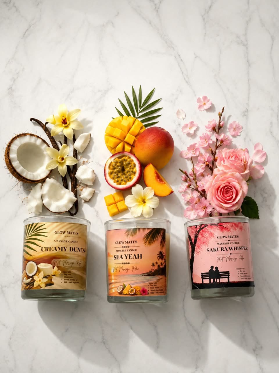 Creamy Dunes, Sea Yeah and Sakura Whisper candles